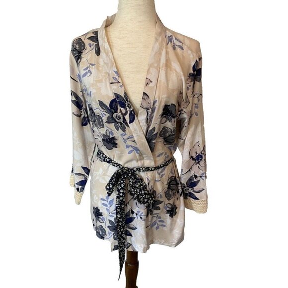 Japna Lounge Tops - Japna Lounge Kimono Beige Blue Flowy Sz L Cardigan Open Floral Boho Topper